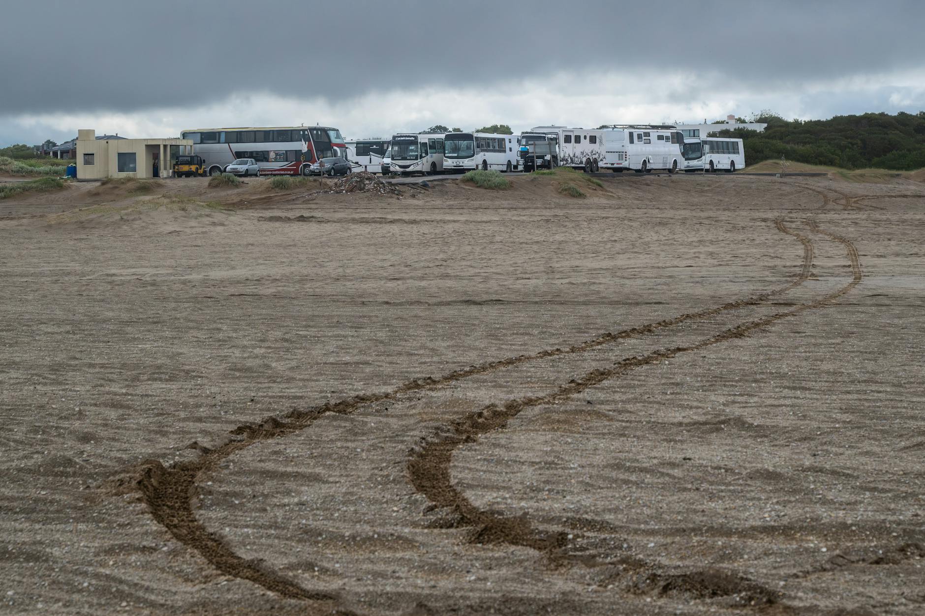 Autobusy zaparkowane na piaszczystej plaży z widocznymi śladami opon