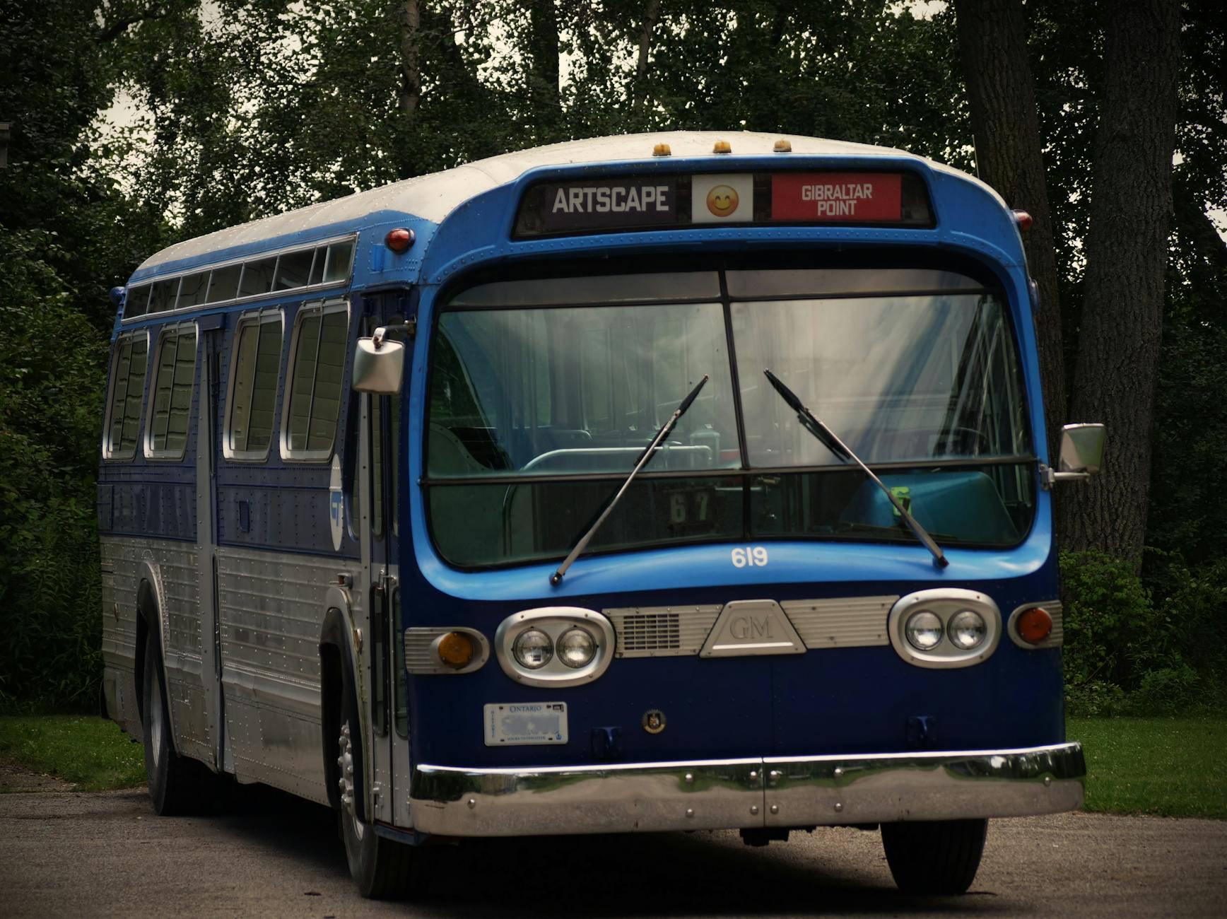 Niebieski autobus stojący wśród drzew na leśnej drodze